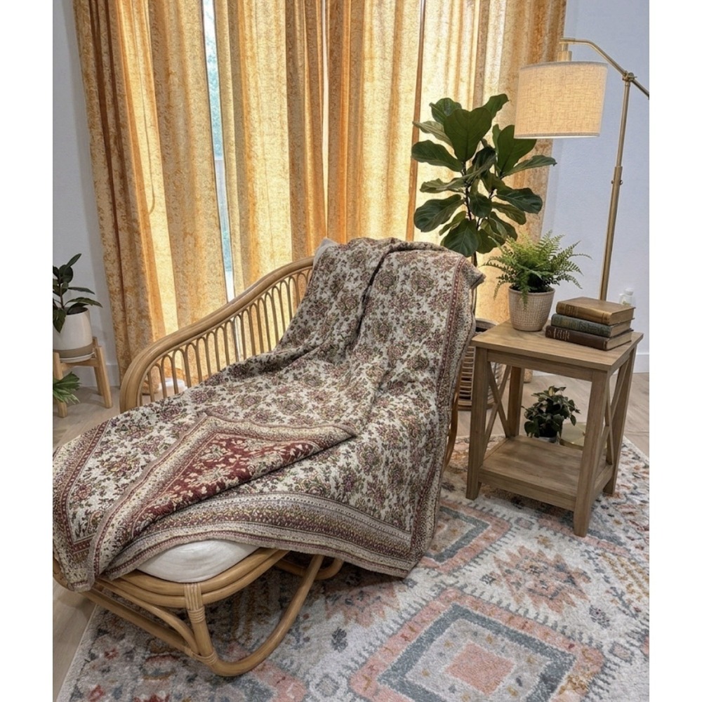 Reversible Woven Tapestry Throw Blanket 70x70 Floral Botanical Cottagecore Moody